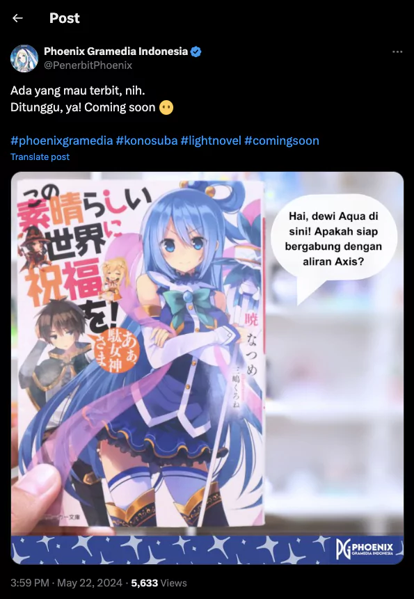 Novel Konosuba Siap Terbit di Indonesia